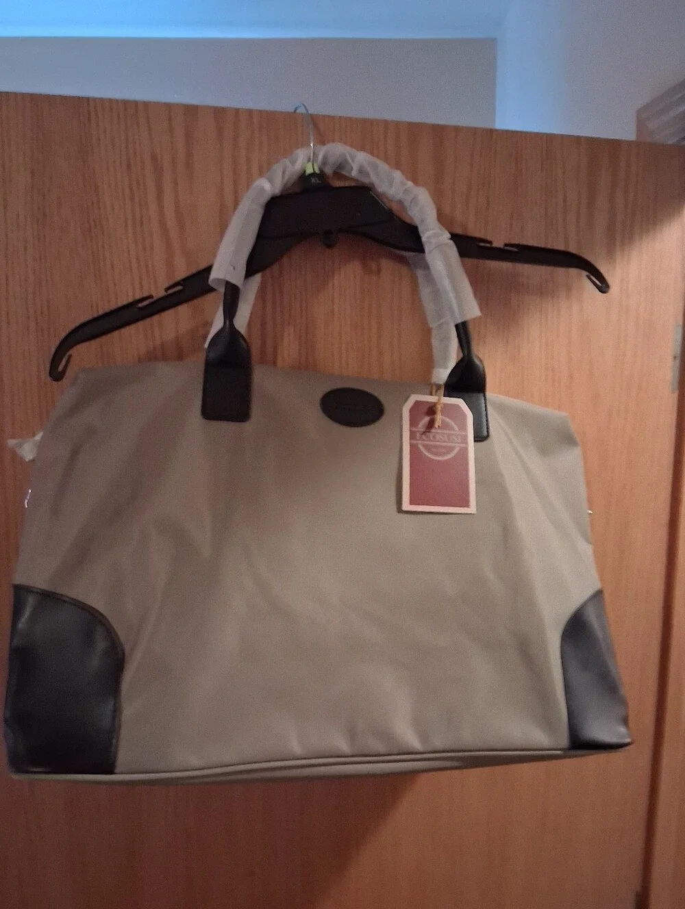 Ecosusi Travel tote overnight bag, two-tone design khaki/tan canvas-style body